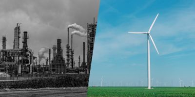 split screen with fossil fuel factory and windmills